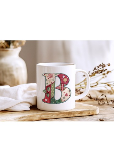 B Harfi Yılbaşı Temalı Kupa Bardak - Yeni Yıl Konsept Yamalı Efekt Tasarım - Noel Hediye Beyaz