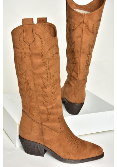 Fox Shoes T404401202 Taba Süet Kovboy Model Kadın Çizme Taba-Süet