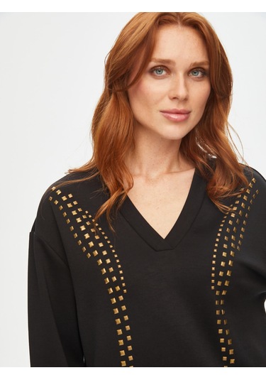 Önü Trok Taşlı V Yaka Sweatshirt 69509 U6950910 Siyah