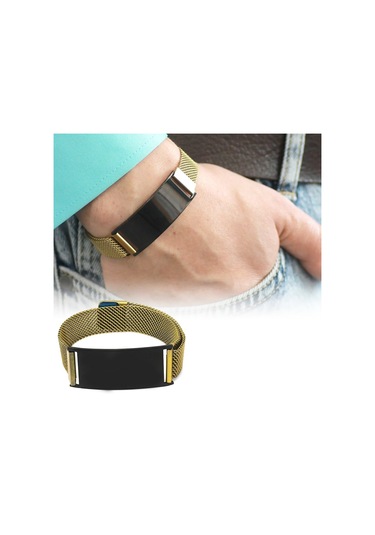 Siyah Zeminli Kişiye Özel İsim Yazılı Magnet Kapamalı Antik Sarı Renk Çelik Erkek Hasır Bileklik