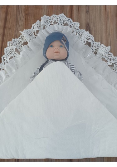 Dantelli Bebek Battaniyesi %100 Pamuklu Doğal Organik Uyku Kundağı Hediyelik Yenidoğan Mevlütlük Ekru