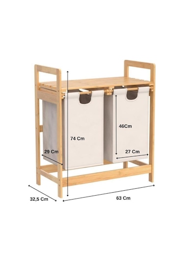 Digithome Bambu 2 Bölmeli Kirli Sepetli Çamaşır Sepeti Raflı Banyo Düzenleyici Db-0007 Ahşap
