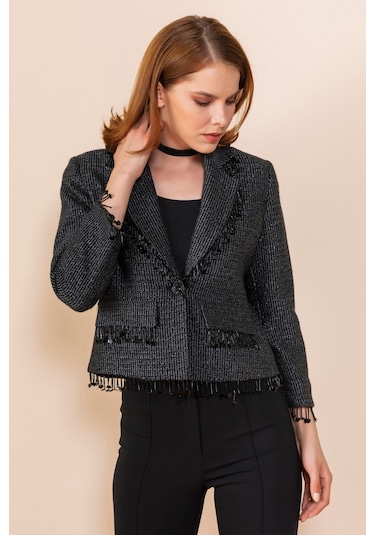 Serpil Exclusive Kadın Püskül Detaylı Kısa Blazer Ceket Siyah
