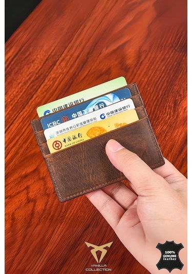 Orijinal Hakiki Deri Süper Ince Model Unisex Kartlık Kartvizitlik Portföy Otomatik Kartlık Hediyeli Kahverengi