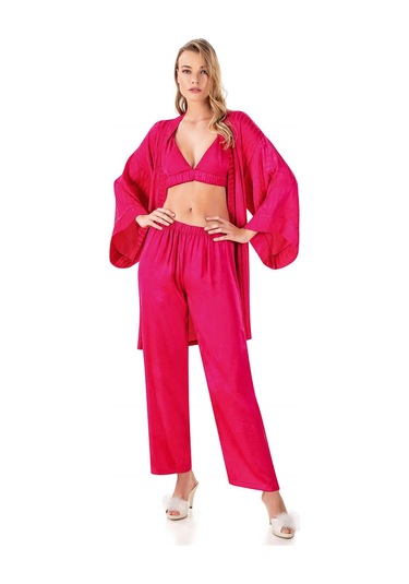 Kadın Yazlık Saten Çizgili Braletli Sabahlıklı Üçlü Set Flz 31-65 Fuşya