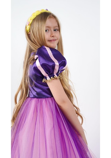 Rapunzel Prenses Kız Çocuk Parti Kostümü Doğum Günü Elbisesi Mor