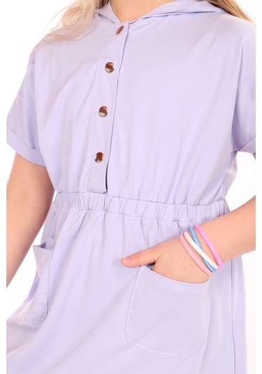 Toontoy Kız Çocuk Beli Lastikli Önü Çıtçıtlı Kapüşonlu Elbise Mavi