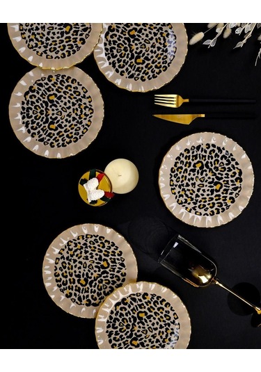 Glore Leopar Wavy Altın Yaldızlı 6 Kişilik Cam Pasta Tabağı Takımı 25098