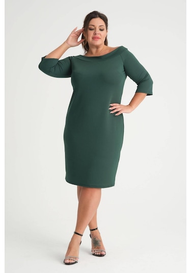 Kadın Yeşil Carmen Yaka Truvakar Kol Büyük Beden Esnek Krep Elbise-yeşil Yeşil