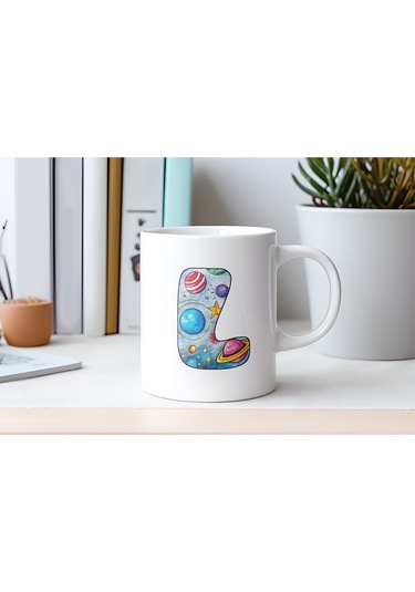 L Baş Harf Gezegen Desenli Kupa Bardak - Kişiye Özel Evren Temalı Kahve Çay Kupası - Gökyüzü Beyaz