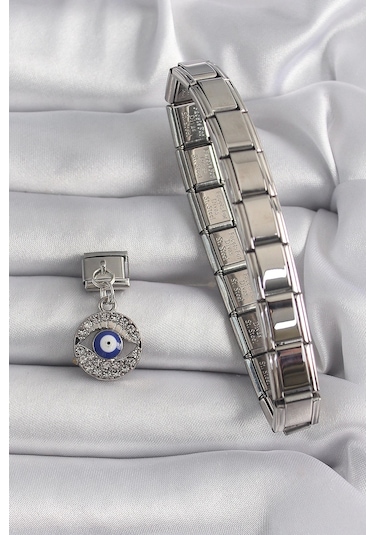 316l Çelik Gümüş Renk Sallantı Zirkon Taşlı Göz Model Nazar Boncuk Detay Nomination Charm Çok Renkli