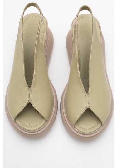 Sam Yeşil Cilt Hakiki Deri Kadın Dolgu Topuk Sandalet Yeşil