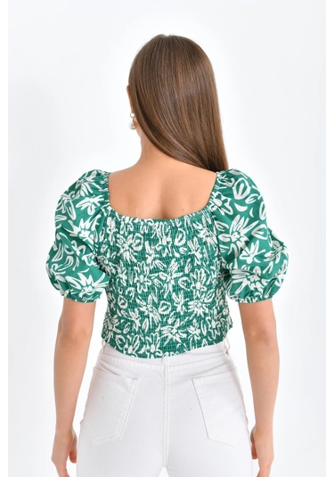 Kadın Çiçek Desenli Gipe Detay Balon Kol Crop Bluz Yeşil