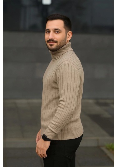 Erkek Fitilli Triko Kazak 2'li Set Bej Siyah Regular Balıkcı Yaka Tam Boğazlı Triko Seti Modeli Kaza Bej Siyah