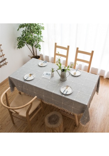 Kare Kafes İşlemeli Masa Örtüsü Saf Renk Pamuk Keten Püskül Dikdörtgen Sehpa Mat, Boyutu: 90x140cm Gri Gri