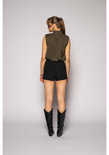 Thalure Kadın Siyah Yüksek Bel Hazır Kemerli Slim Fit Şort siyah
