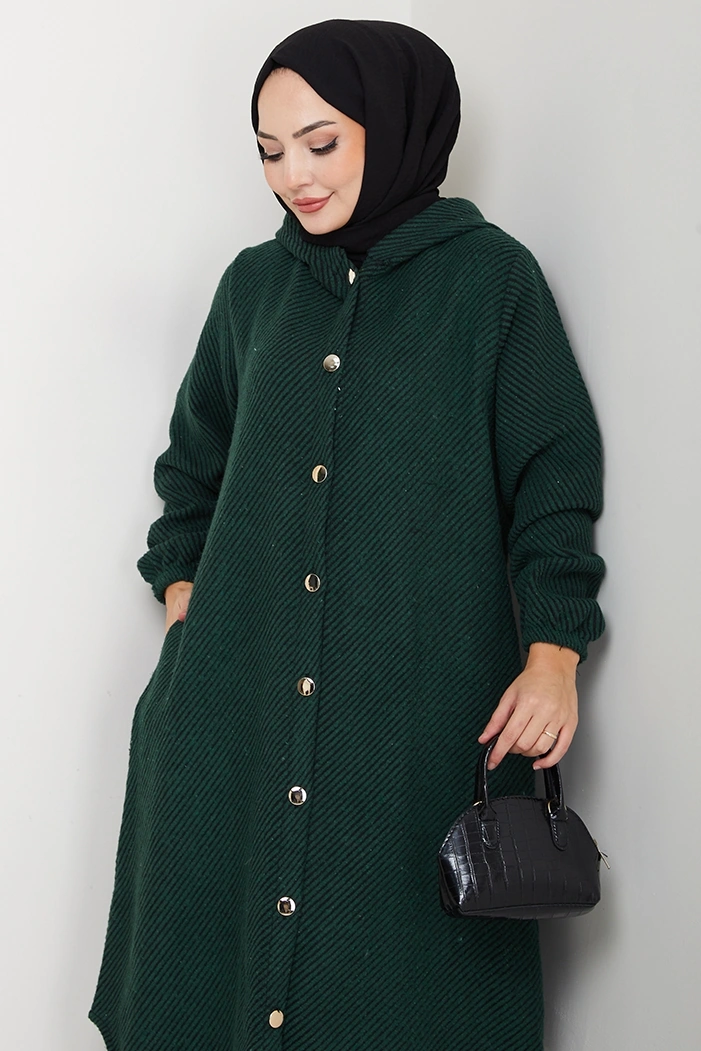 Çizgi Detay Kapüşonlu Kaşe Kap 1634 - Zümrüt Yeşili Zümrüt Yeşili