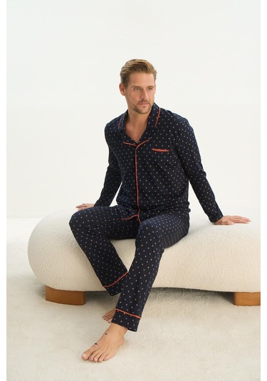 Erkek Uzun Kol Gömlek Yaka Önden Düğmeli Lacivert Pijama Takım C4t1n4o9 001