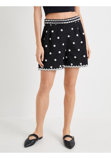 Koton Mini Şort Çiçek Fistolu Normal Bel Siyah 4sak40136pw Siyah