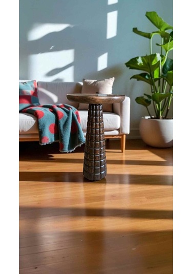 Rustik Tarz Ahşap Sehpa Ceviz Renk Tekli Mantar Yan Sehpa