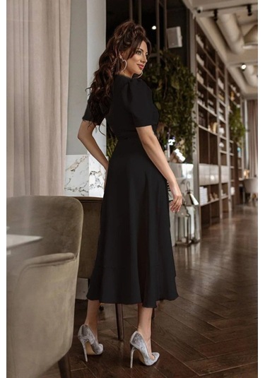 Kadın Kruvaze Yaka Midi Boy Kuşaklı Krep Elbise 120 Cm Siyah