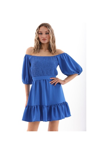 Kallima Fırfırlı Diz Üstü Balon Kol Mavi Aerobin Elbise - 90 Cm Mavi