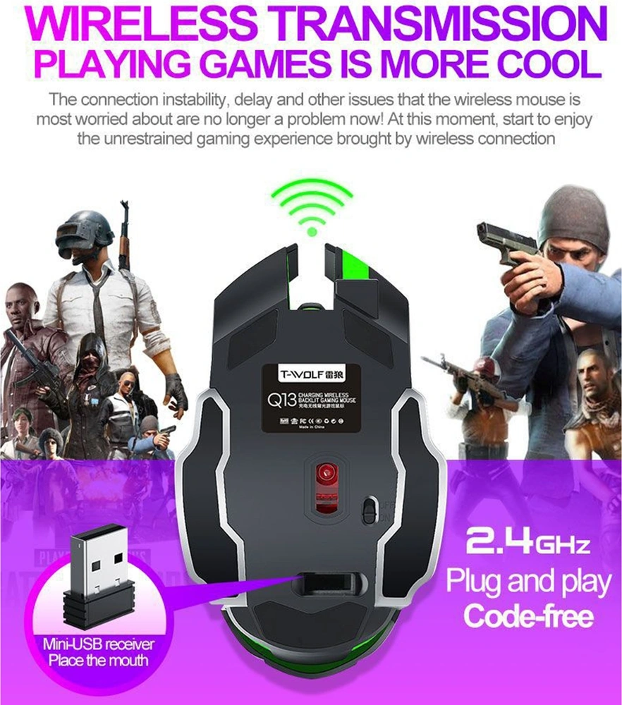 Sones T-wolf Q13 2.4ghz 6 Tuşlu Rgb Renkli Işıklı Oyun Kablosuz Faresi, Renk: Çift Modlu Gri Diğer