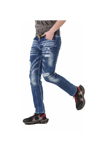CD781 Yırtık Yamalı Mavi Erkek Jeans Mavi