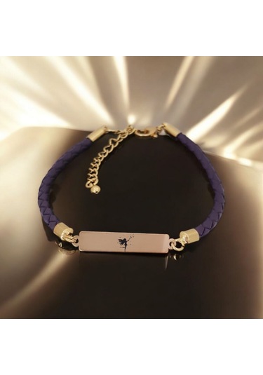 Archin Melek Temalı 14 Ayar Altın Plakalı Dikdörtgen Motifli Mor Derili Hediye Bileklik-412sembol Melek