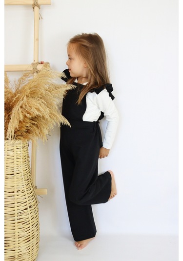 Kız Çocuk Berlin Siyah Pamuklu Fırfırlı Bağlama Detaylı Tulum Siyah