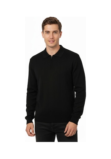 Dynamo Erkek Polo Yaka Fermuarlı Triko Kazak Regular Fit 7019 Bgl-st04922 Siyah