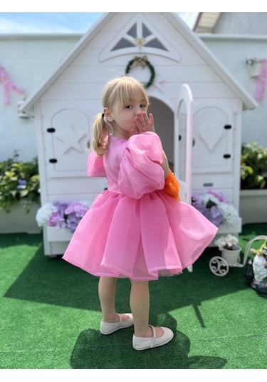 Rose- Pembe Şifon Kısa Kollu Kız Çocuk Elbisesi Pembe