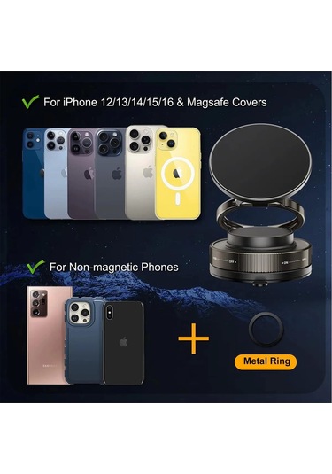 Metalik Magsafe Telefon Tutucu Tüm Yüzeylerle Uyumlu Vakumlu 360 Dönen Oynar Başlık