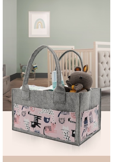 Jasper Hayvan Figürlü Gri-pembe Keçe Anne Bebek Bakım Çantası Or Gri