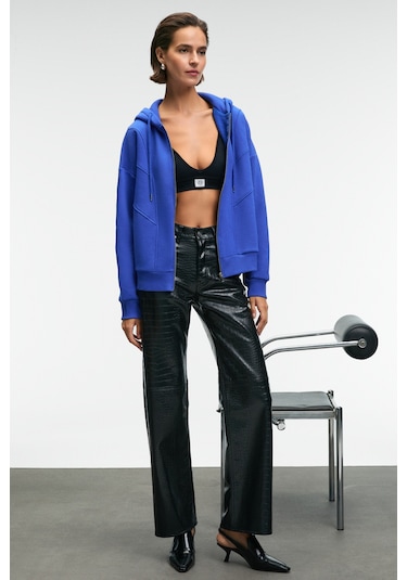 VYSELLE Kadın Önü Kesikli Metal Fermuarlı Kapüşonlu Etiket Detaylı Oversize Mavi Sweatshirt