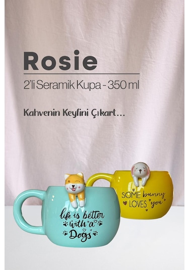 Köpek Ve Tavşan Figürlü Seramik Kupa 350 Ml Beyaz