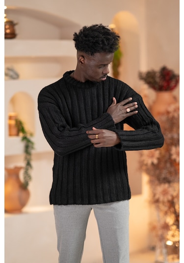 Oversize Kendinden Çizgili Pamuklu Kalın Triko Spor Kazak Siyah