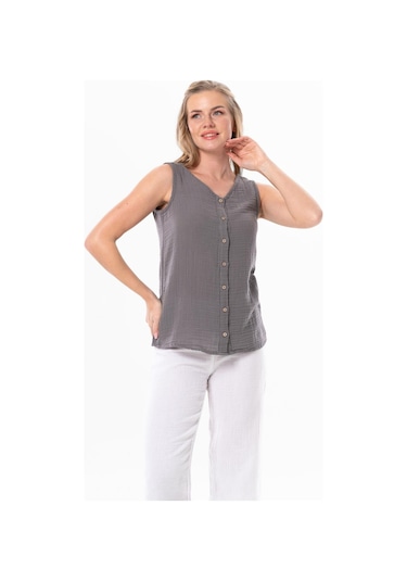 Kolsuz Melis Yazlık Müslin Bluz Gri Gri-gri