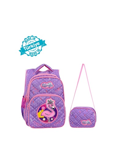 Waddell Lisanslı Lila Flamingo Desenli Emboos İlköğretim Okul Sırt Çantası Ve Beslenme Çantası