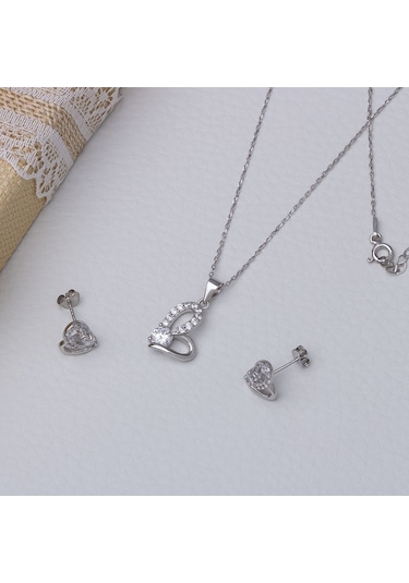 Kalp Tektaş Model 925 Ayar Gümüş Kadın 2'li Set Gümüş