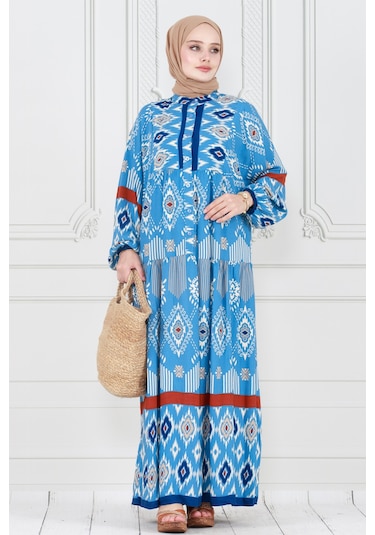 Yarım Düğmeli Robalı İkat Desen Elbise-mavi-4006 - Mavi