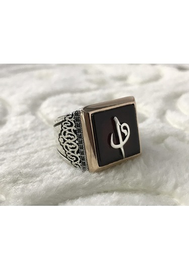 Akik Taşlı Elif Vav Işlemeli 925 Ayar Gümüş Erkek Yüzük