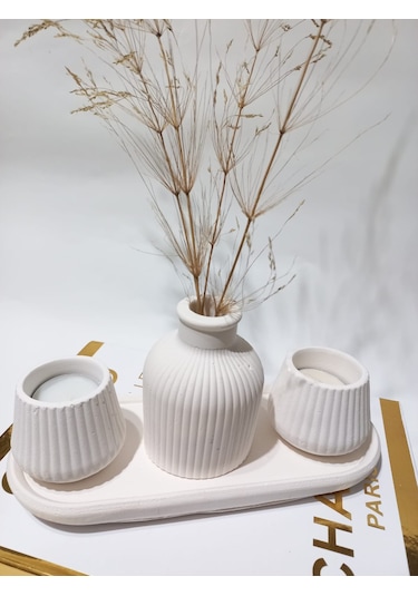 Küp Vazolu Tabaklı Tealight Mumluk Set Beyaz