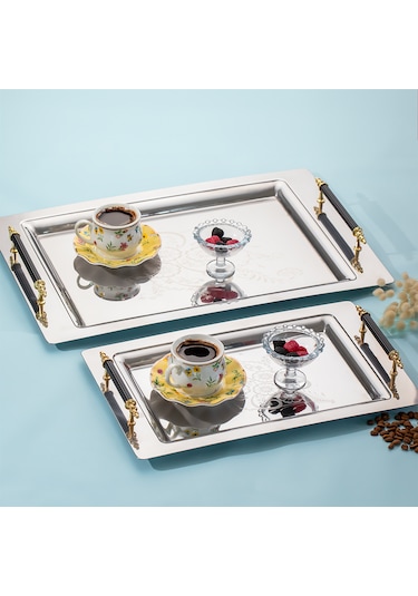 Porsima Gold 2 Li Paslanmaz Çelik Kahve Sunum Tepsisi Gümüş Go...