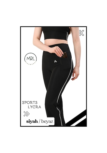 Kadın Yüksek Bel Toparlayıcı Spor Tayt Siyah / Beyaz Şerit Detaylı Lycralı Dalgıç 1041 Siyah Beyaz