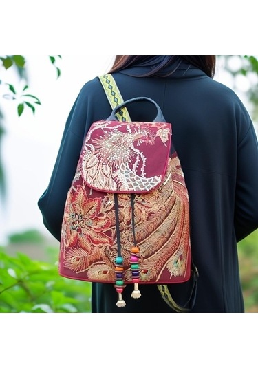 Luckydog Kadınlar İçin İşlemeli Sırt Çantası Vintage Omuz Çantası Kadın Büyük Kapasiteli Üst Saplı Postacı Çantaları Bordo Bordo