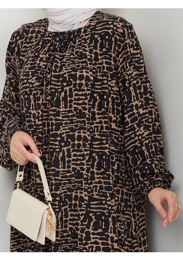 Önü Büzgülü Viskon Elbise - Siyah/taba / E0130 Siyah/taba