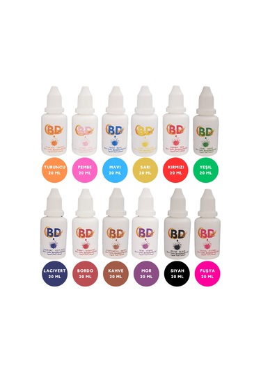Bd 12'li Sıvı Gıda Boyası Seti 20 Ml Turuncu, Pembe, Mavi, Sarı, Yeşil, Kırmızı, Lacivert, Bordo, Kahve, Mor, Siyah, Fuşya