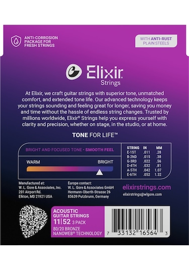 Elixir 011-052 Bronz Akustik Gitar Teli Ekonomik 3'lü Set 16564