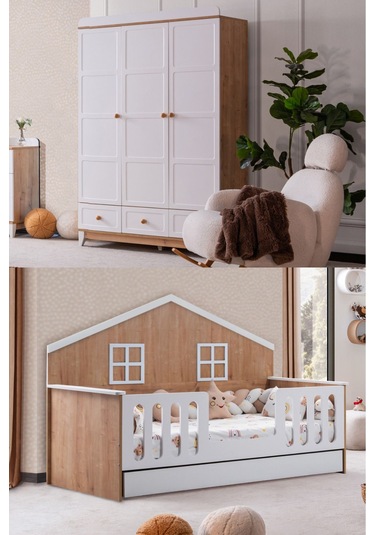 Bello Çocuk Odası Takımı, Bello Yavrulu Karyola, Berlin 3 Kapaklı Dolap - Ceviz Renkli